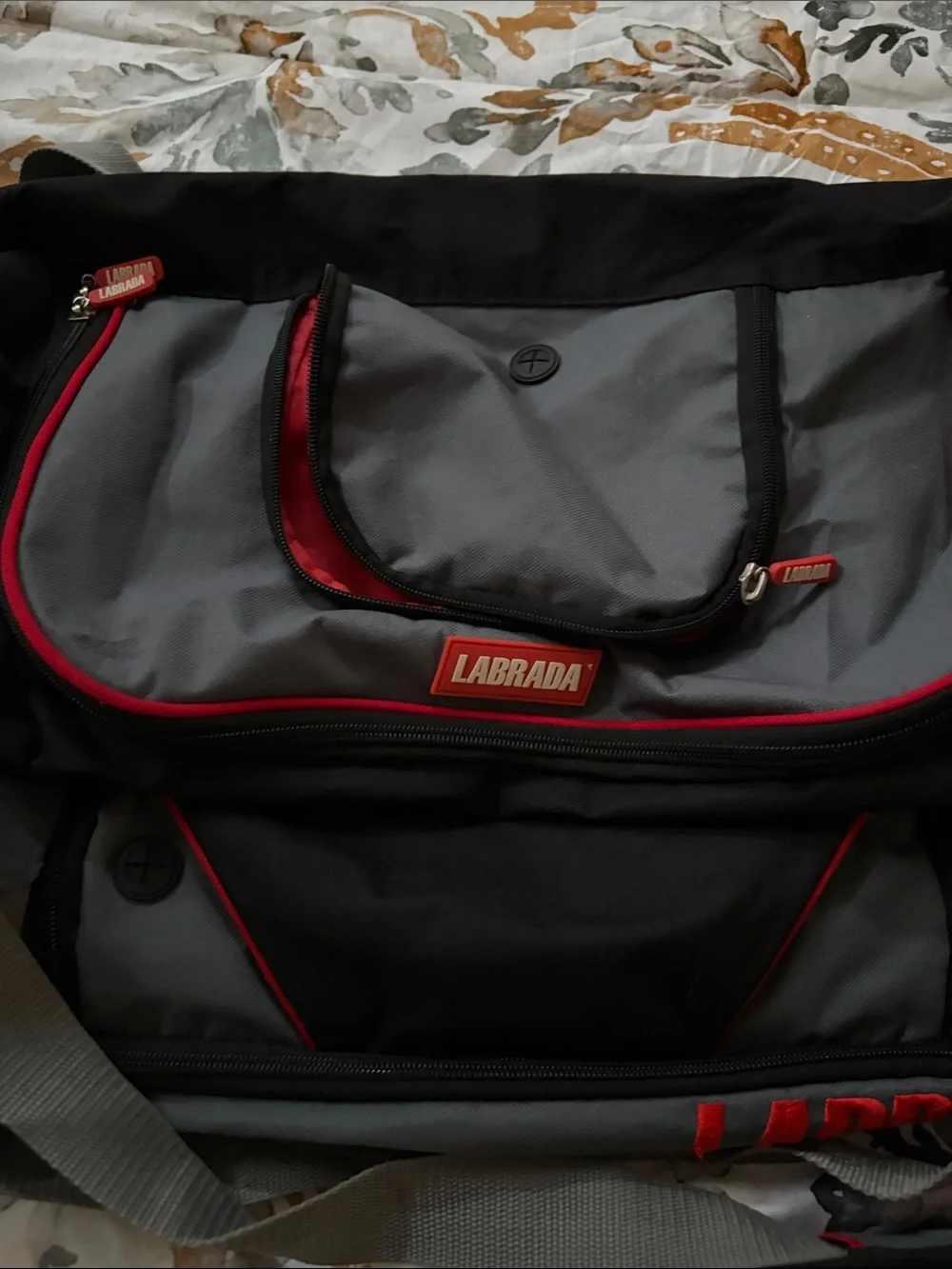 Men's Gray and Black Duffel Bag with Red Trim